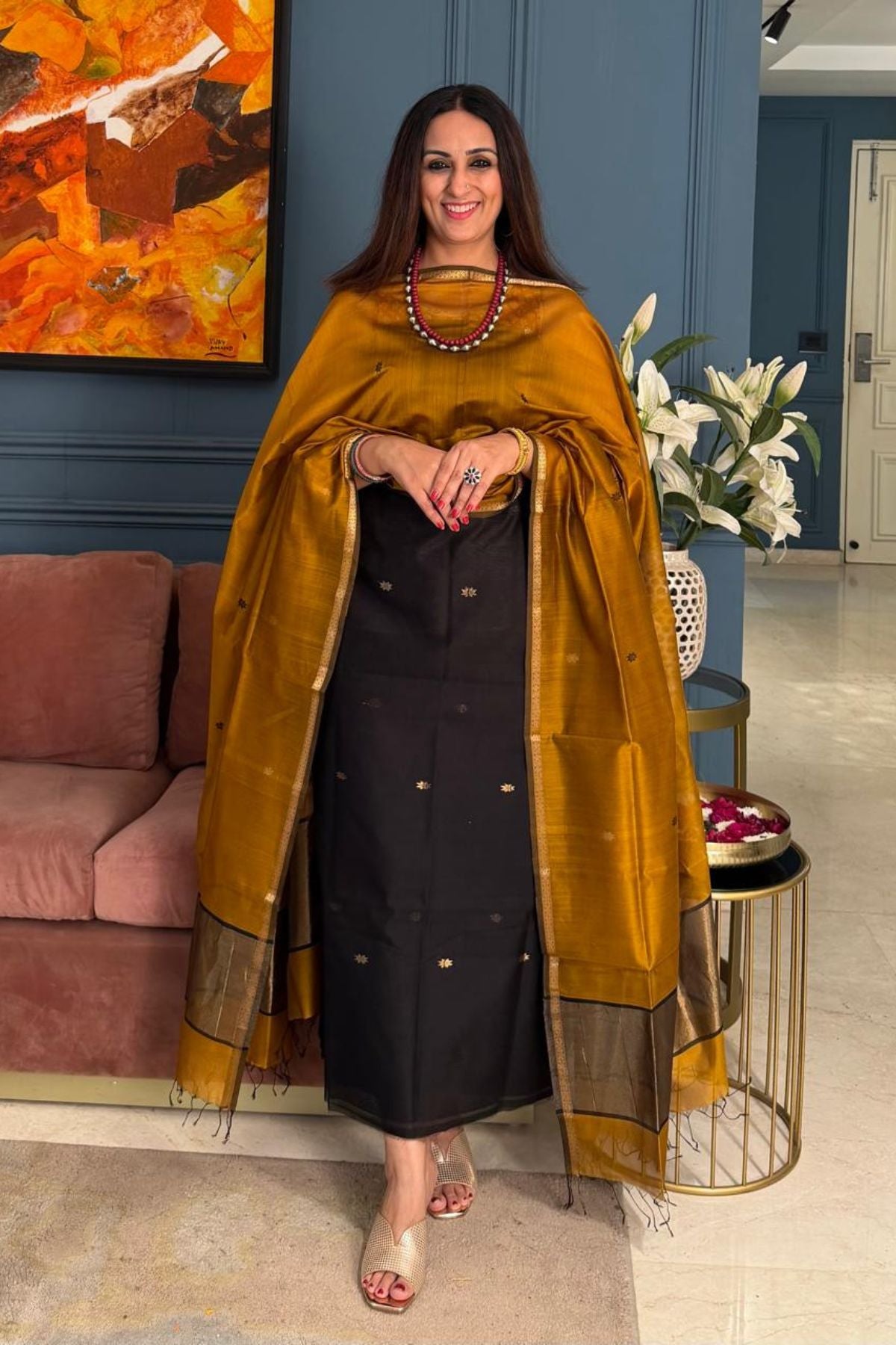 Maheshwari handloom silk by cotton kurta dupatta set